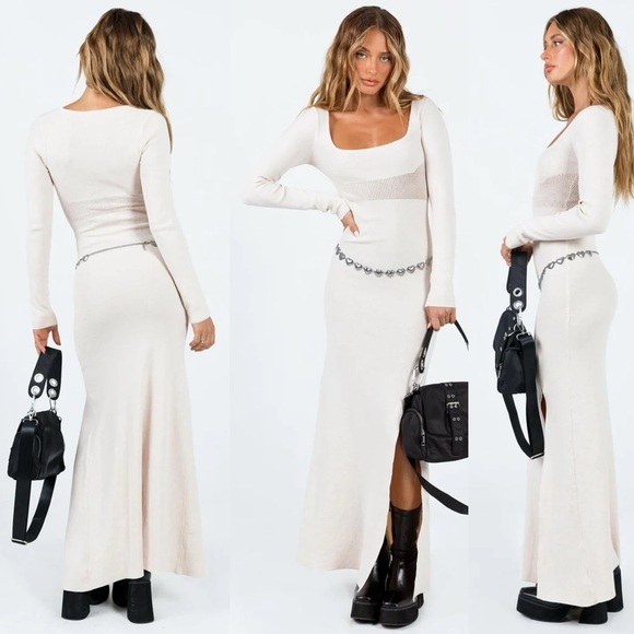 Princess Polly Barallen Long Sleeve Beige Knit Square Neck Side Slit Maxi Dress - Picture 2 of 13
